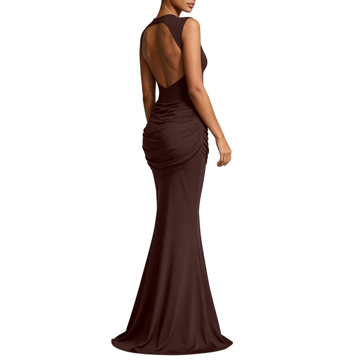thumbnail image 4 of Elegant Solid Color Round Neck Sleeveless Backless Pleated Flowing Dress With Tie Belt For Evening Party Formal Occasions, 4 of 7