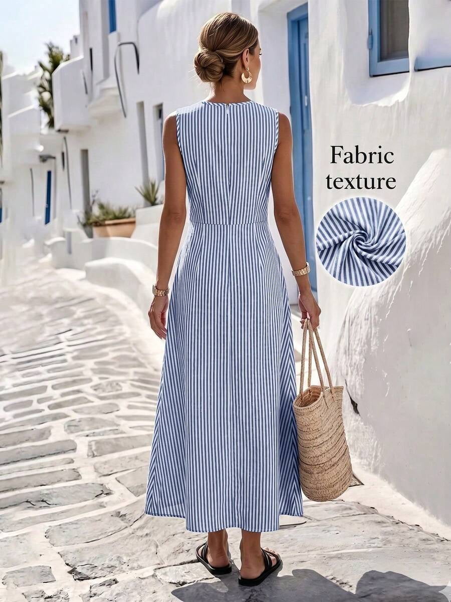 thumbnail image 2 of Womens Blue And White Striped Sleeveless Dress, Round Neck Cinched Waist, 2 of 3