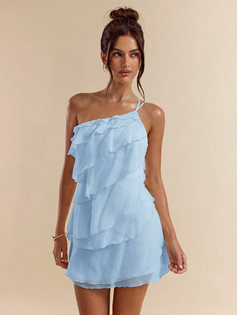 thumbnail image 6 of Baby Blue Layered Ruffle Mini Dress With Open Back And Adjustable Straps, 6 of 30