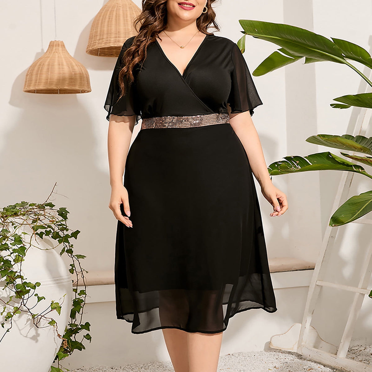 thumbnail image 6 of Jinhomg Plus Size Cocktail Dresses V Neck Wrap Chiffon Midi Dress with Sequin Waist, Flowy Casual Party Dress for Curvy Women Black,XL, 6 of 6