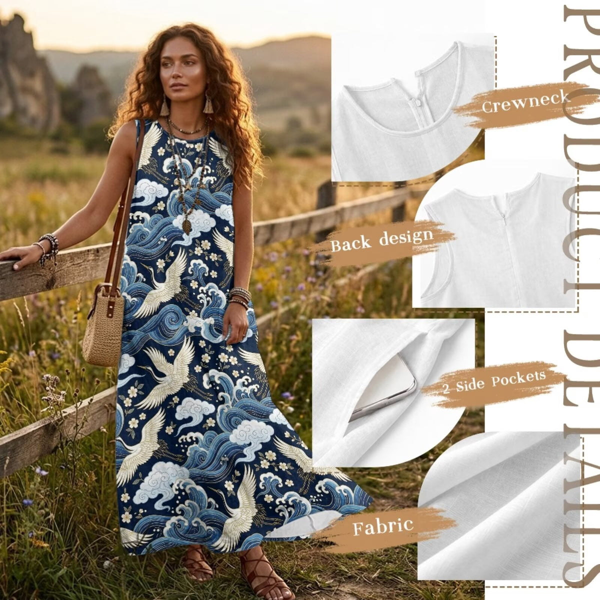 thumbnail image 6 of FKELYI Oriental Crane Cloud Blue Print Womens Summer Tank Dress Linen-Look Long Maxi Dress with Pockets Anti-Wrinkle Casual Beach Dress Breathable Vacation Outfit, S, 6 of 7