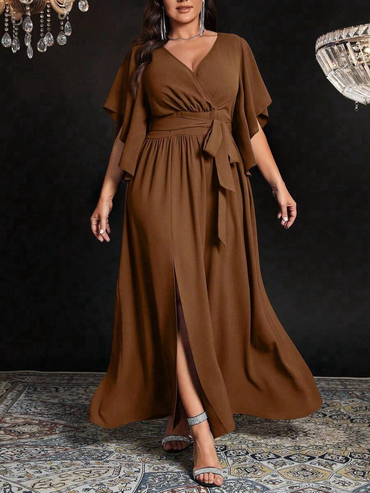 thumbnail image 7 of Women Brown V-Neck Wrap Maxi Dress With Flare Sleeves And Tie Waist, 7 of 7