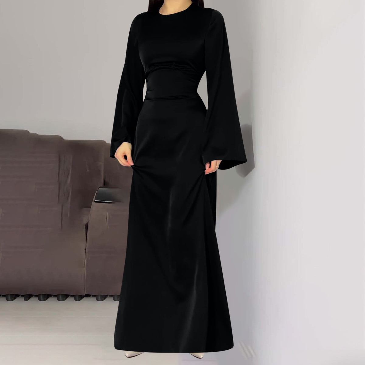 thumbnail image 6 of TMOYZQ Dresses for Women Elegant Satin Party Dress Bell Long Sleeve Cocktail Maxi Dresses Back Lace Up Bandage Tie High Waisted Formal Party Evening Gowns, 6 of 7