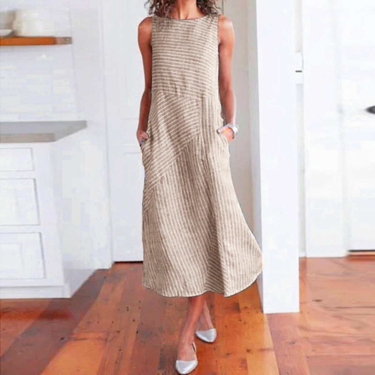 thumbnail image 2 of GHSOHS Womens Dresses Elegant Gauze Dress for Women Casual Neck Dress Striped Long Print Pocket Women Sleeveless Women's Dress Summer Party Dress Vacation Casual Dresses Wear to Work DressesKhak,XL, 2 of 5