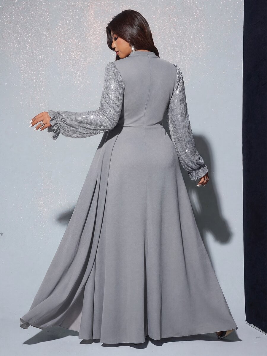 thumbnail image 2 of Grey Plus Size Sequin Long Sleeve Waist Flare Maxi Dress, 2 of 6