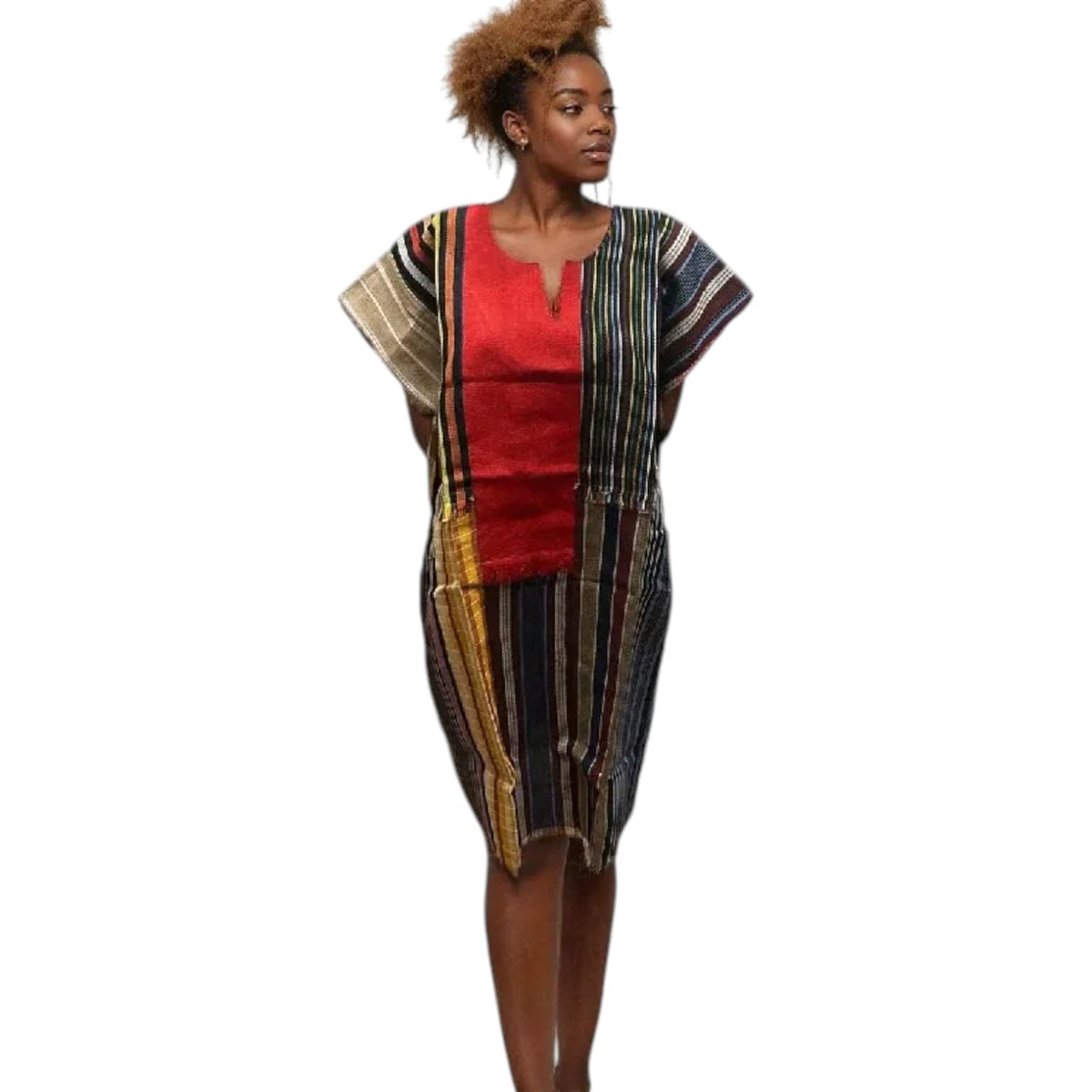 thumbnail image 2 of ASO Oke Midi Dress with Denim Accent, Multicolor Striped, Short Sleeve (US, Numeric, 14, Regular, Regular, Multicolor), 2 of 3