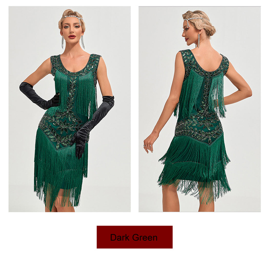 thumbnail image 6 of 1920s Vintage Dress Summer Fringe Beaded Great Gatsby Flapper Evening Dress Party Cocktail Prom,S,Dark Green, 6 of 7