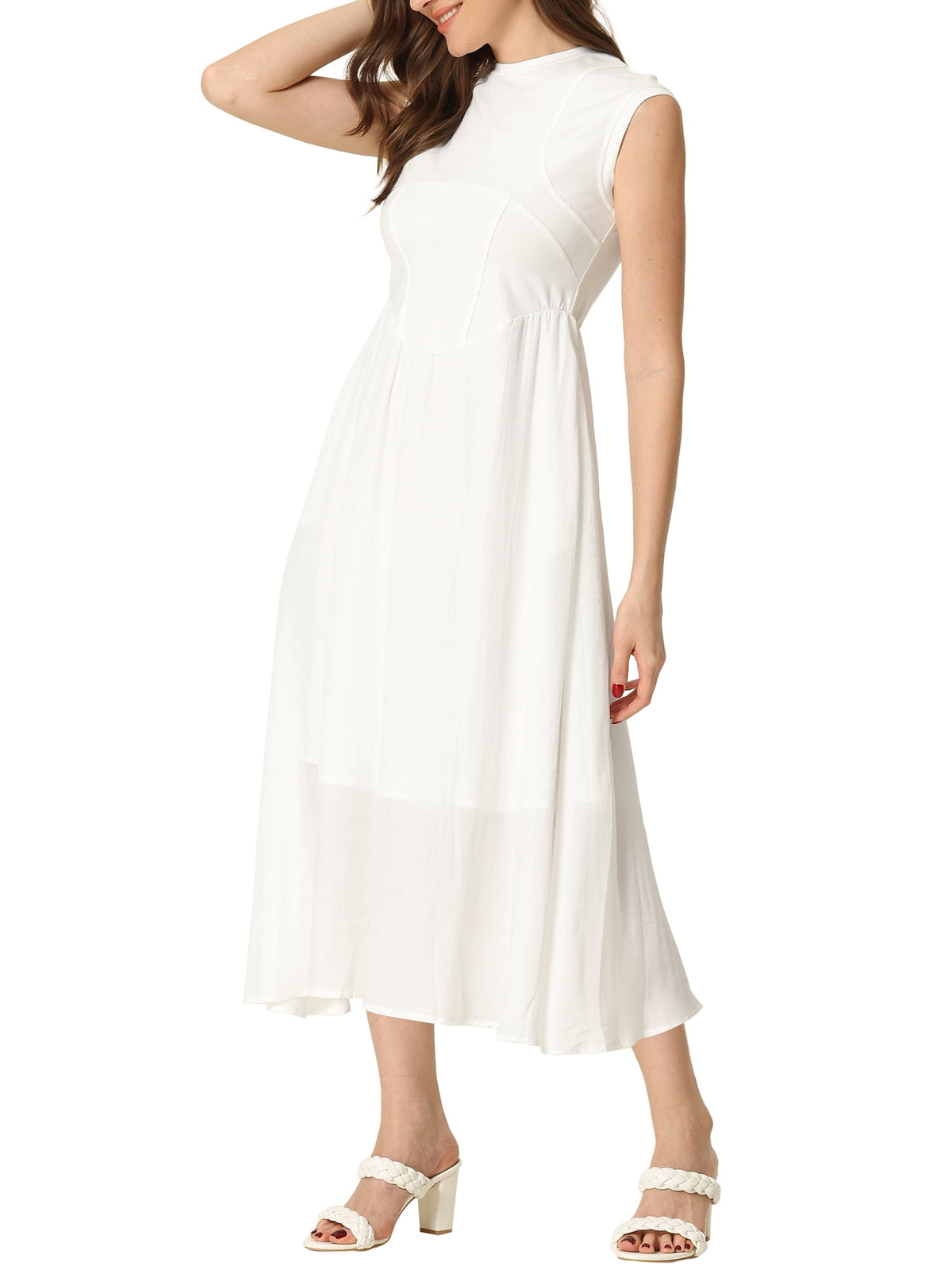 thumbnail image 4 of INSPIRE CHIC Work Office Dress for Women's Midi Round Neck Cap Sleeve Dress White L, 4 of 5