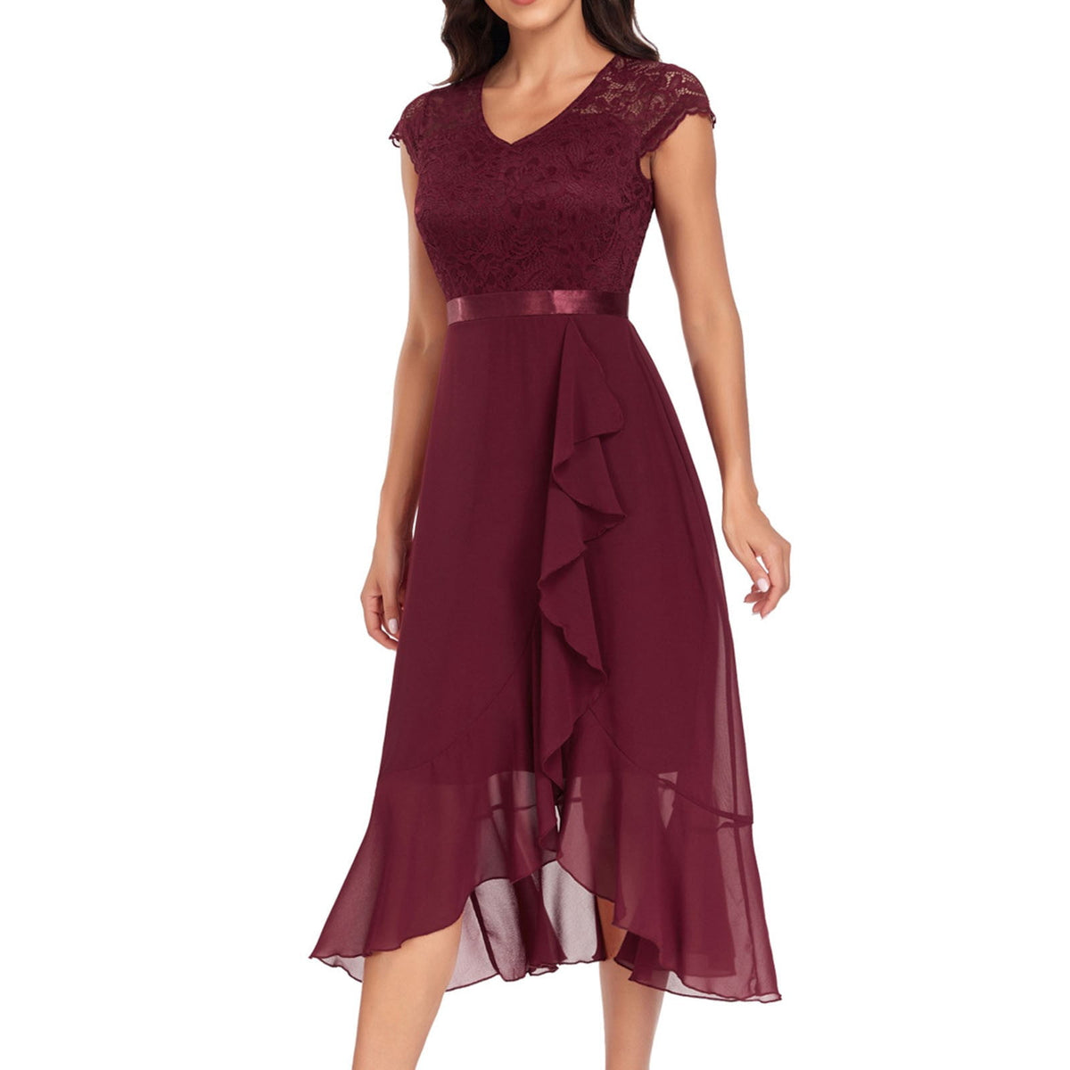 thumbnail image 5 of Gala Dresses for Women V Neck Floral Lace Short Sleeve Bridesmaid Maxi Dress Wedding Mid Length Formal Evening Dress L, 5 of 8