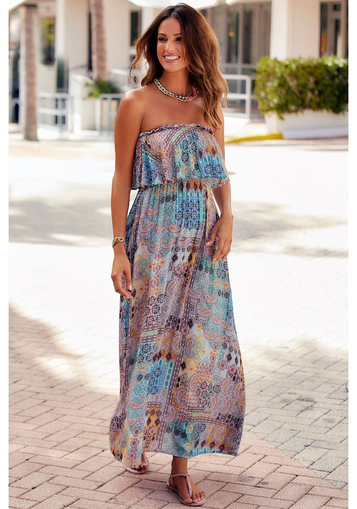 thumbnail image 3 of LASCANA Women's Patchwork Print Bandeau Maxi Dress Ruffle Trim, 3 of 5