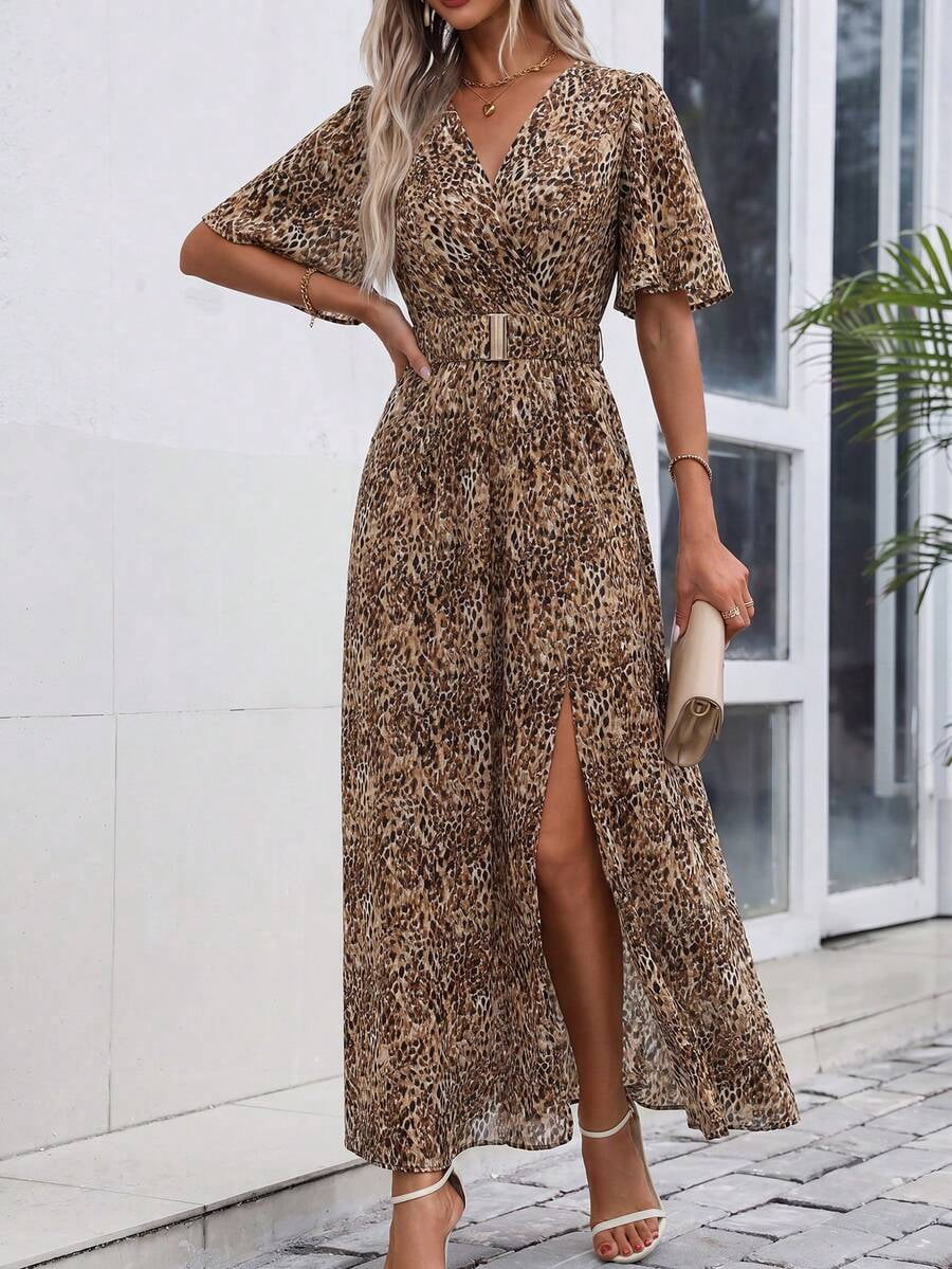 thumbnail image 4 of Womens Brown Leopard Print V-Neck Maxi Dress With Slit Hem And Belt, 4 of 6
