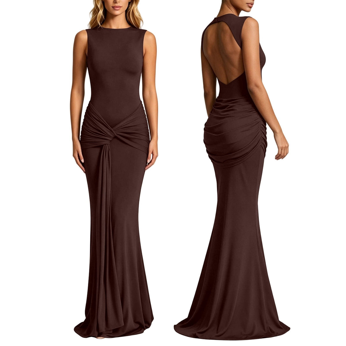 thumbnail image 3 of Elegant Solid Color Round Neck Sleeveless Backless Pleated Flowing Dress With Tie Belt For Evening Party Formal Occasions, 3 of 7