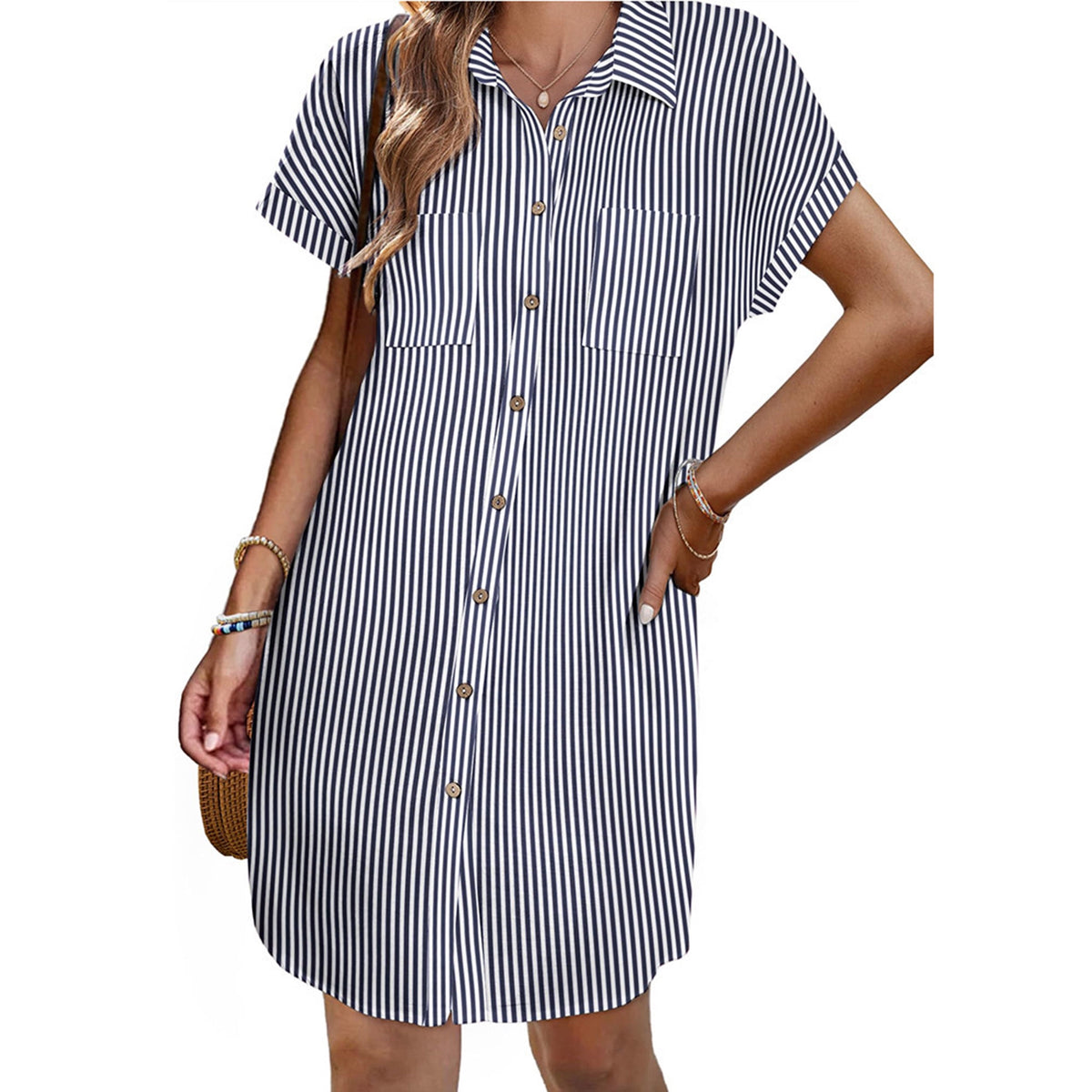 thumbnail image 4 of Women's Short Sleeve Shirt Dress – Collared Button Front Mini Dress with Dual Chest Pockets, 4 of 5