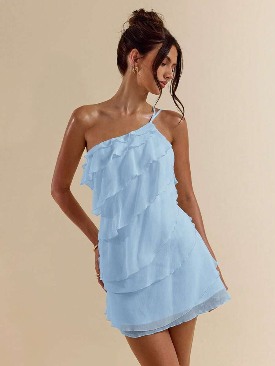 thumbnail image 4 of Baby Blue Layered Ruffle Mini Dress With Open Back And Adjustable Straps, 4 of 30