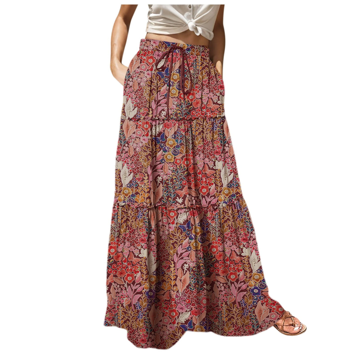 thumbnail image 2 of Bysome Women Skirts Casual Dress High Waist Tiered Paisley Print Long Maxi Skirt With Pockets M, 2 of 8