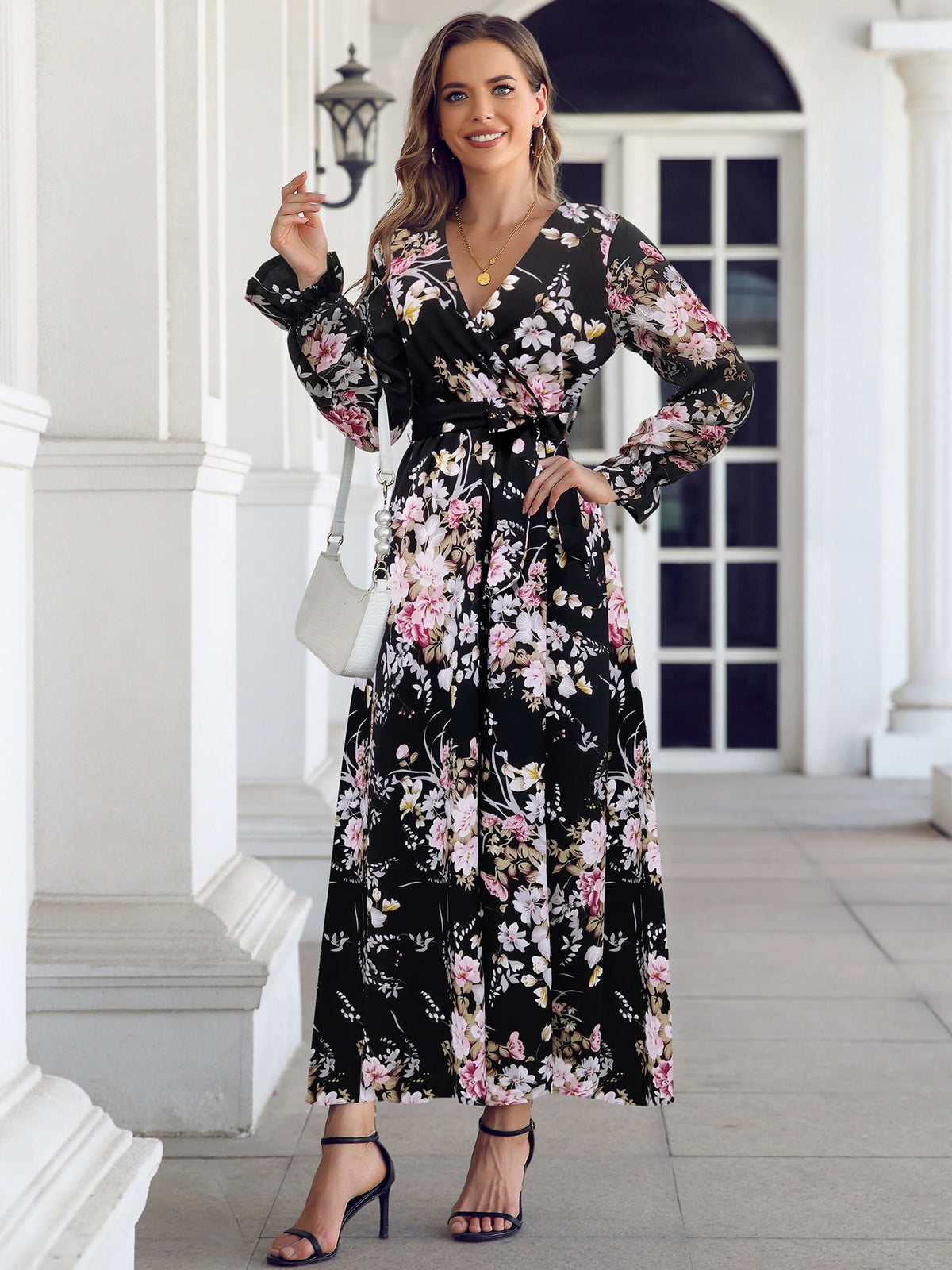 thumbnail image 5 of I2CRAZY Womens Pink Floral V Neck Empire Waist Long Sleeve Boho Wrap Maxi Dresses-S, 5 of 7
