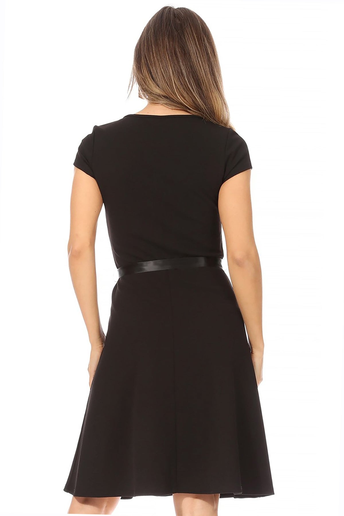 thumbnail image 3 of Women's Casual Solid Short Sleeve Ribbon Belted Flared A Line Swing Dresses, 3 of 6