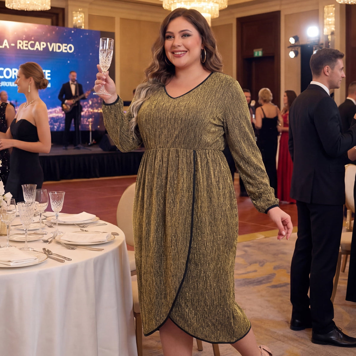 thumbnail image 2 of Agnes Orinda Women's Plus Size Sparkly Glitter Dress Long Sleeve V Neck Tulip-Style Wrap Front Sequin Party Cocktail Dresses 3X Gold, 2 of 8