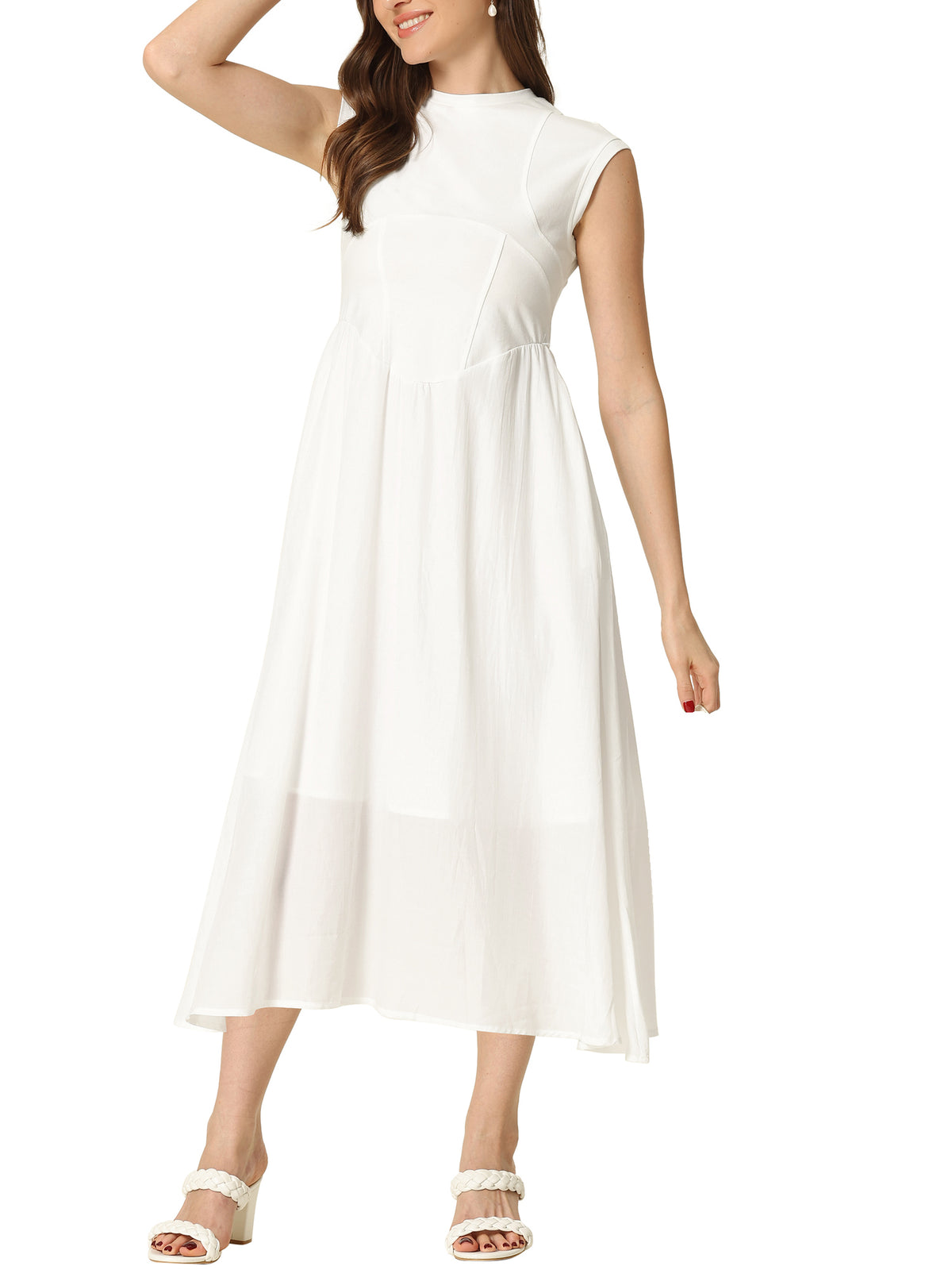 thumbnail image 2 of INSPIRE CHIC Work Office Dress for Women's Midi Round Neck Cap Sleeve Dress White L, 2 of 5