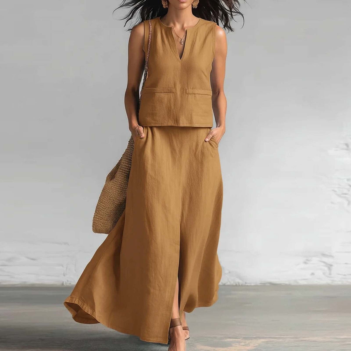 thumbnail image 2 of Hduncf Women's Cotton Linen Midi Skirt Set Solid V-Neck Sleeveless Beach Dresses Vacation Coverup Pockets Dress Split Maxi Skirt Sets Brown L, 2 of 5