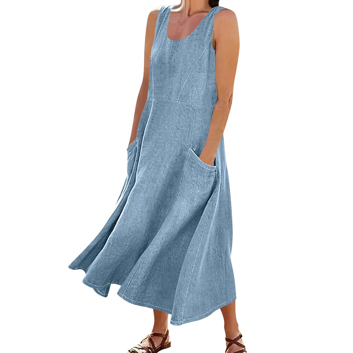 thumbnail image 2 of Neewe Womens Casual Plain Sleeveless Maxi Denim Dress Crewneck Vintage Loose Long Vest Jean Dress with Pockets, 2 of 6