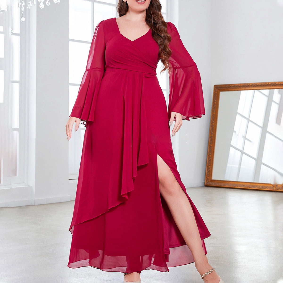 thumbnail image 2 of asdoklhq Womens Holiday Dresses Women's Plus-size V-neck Chiffon Full Slit Long Dress Evening Dress Wine 4X, 2 of 8