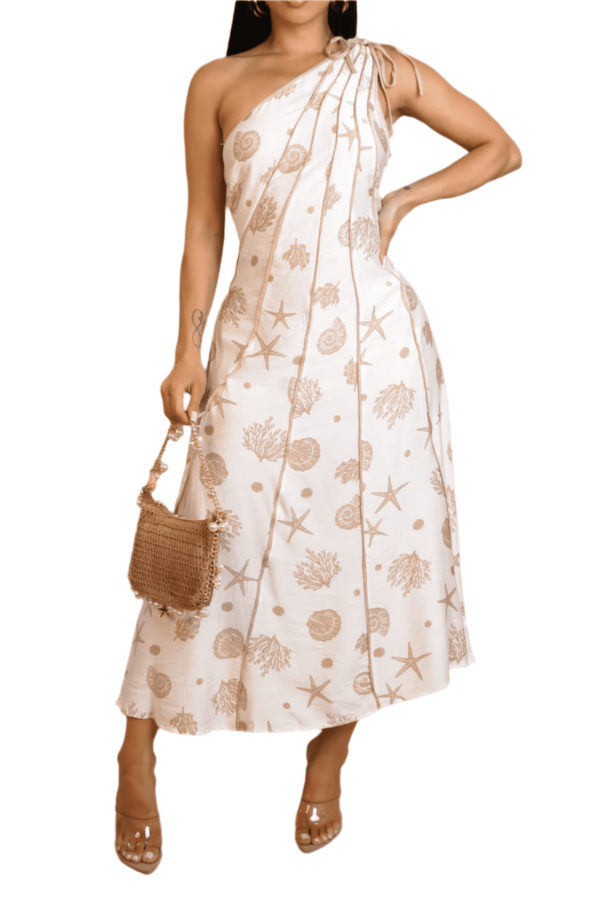 thumbnail image 3 of Coastal Charm One-Shoulder Midi Dress &ndash; Blue or Beige, 3 of 4