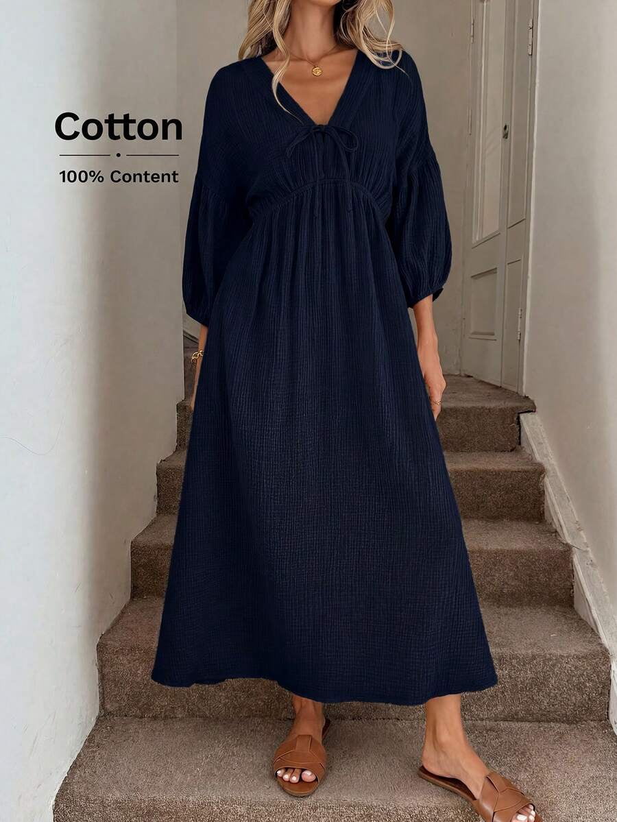 thumbnail image 4 of Women Blue Cotton Boho Lantern Sleeve Midi Dress V-Neck Tie Waist Casual, 4 of 5