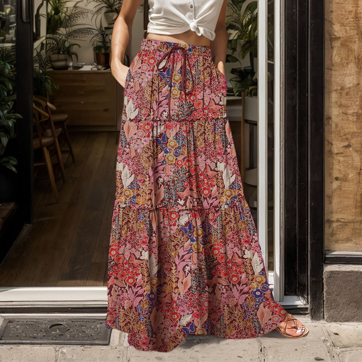 thumbnail image 5 of Bysome Women Skirts Casual Dress High Waist Tiered Paisley Print Long Maxi Skirt With Pockets M, 5 of 8