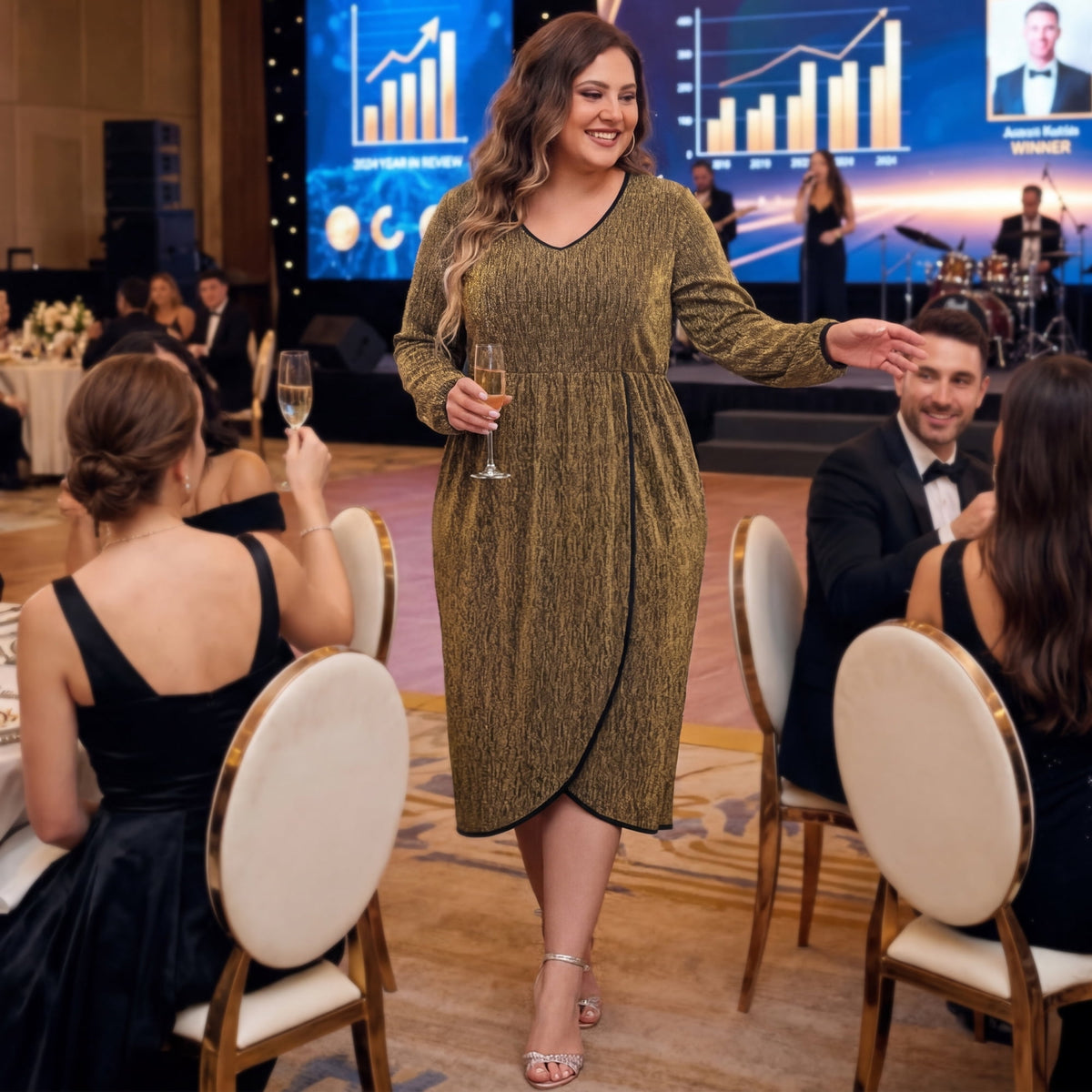 thumbnail image 3 of Agnes Orinda Women's Plus Size Sparkly Glitter Dress Long Sleeve V Neck Tulip-Style Wrap Front Sequin Party Cocktail Dresses 3X Gold, 3 of 8