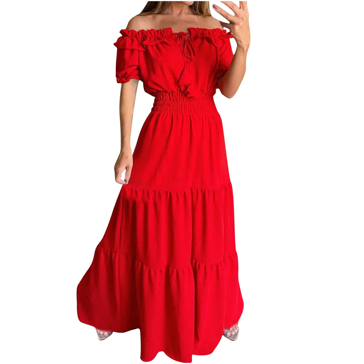 thumbnail image 3 of Blmnix Sexy Dresses for Women Trendy Red Maxi Short Sleeve Solid Off The Shoulder Fit & Flare 2024 Ladies Dresses, 3 of 8
