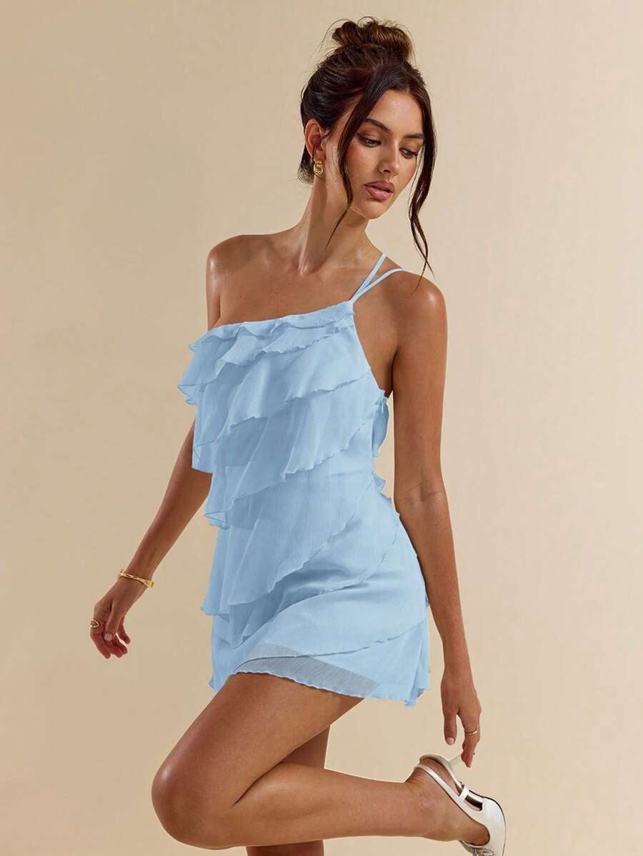 thumbnail image 3 of Baby Blue Layered Ruffle Mini Dress With Open Back And Adjustable Straps, 3 of 30