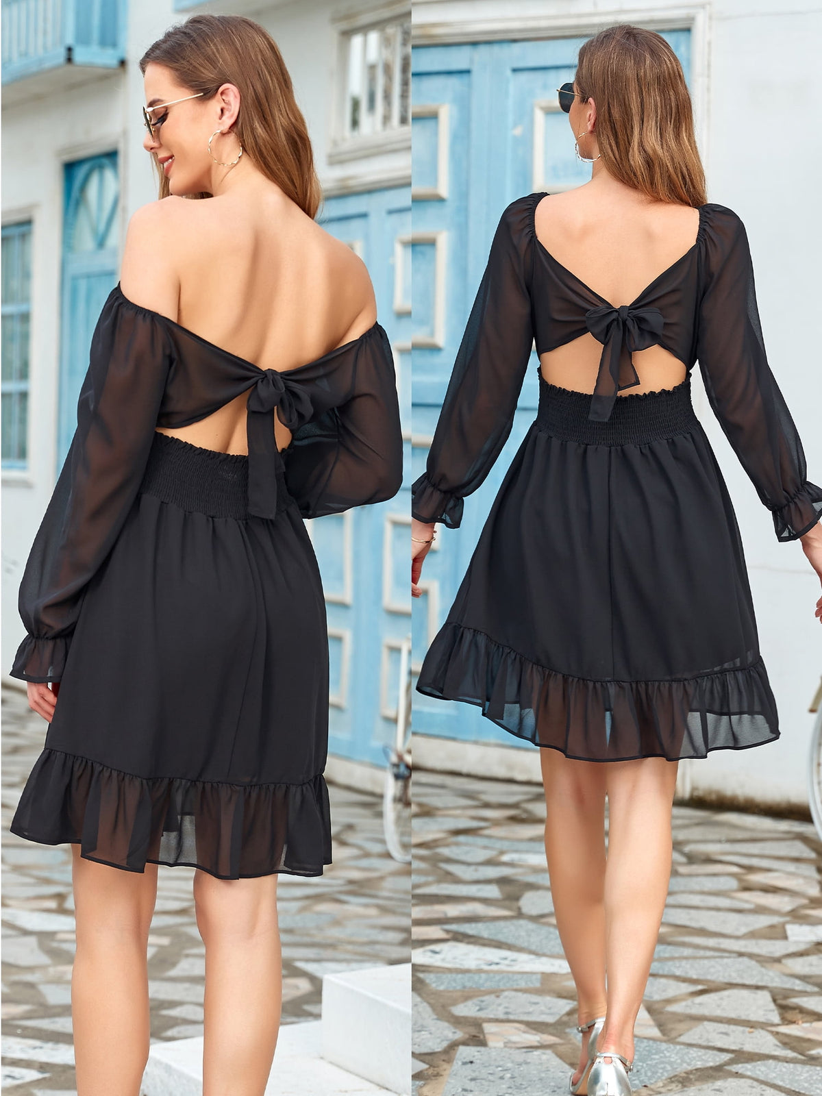 thumbnail image 2 of I2CRAZY Square Neck Smocked Elastic Waist Tie Back Mini Dress-L,Black, 2 of 6
