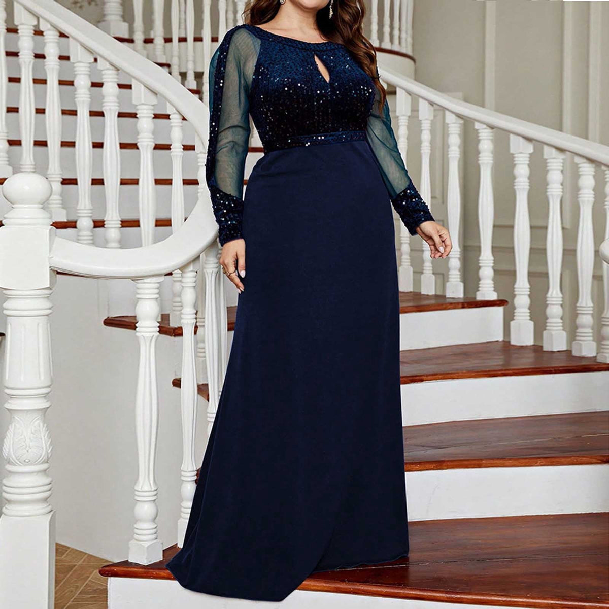 thumbnail image 5 of Arnsht Women's Plus Size Sequin Lace Round-Neck Sheer Long Sleeves Formal Evening Dancing Party Dress Chiffon Long Dress Blue XXXL, 5 of 6