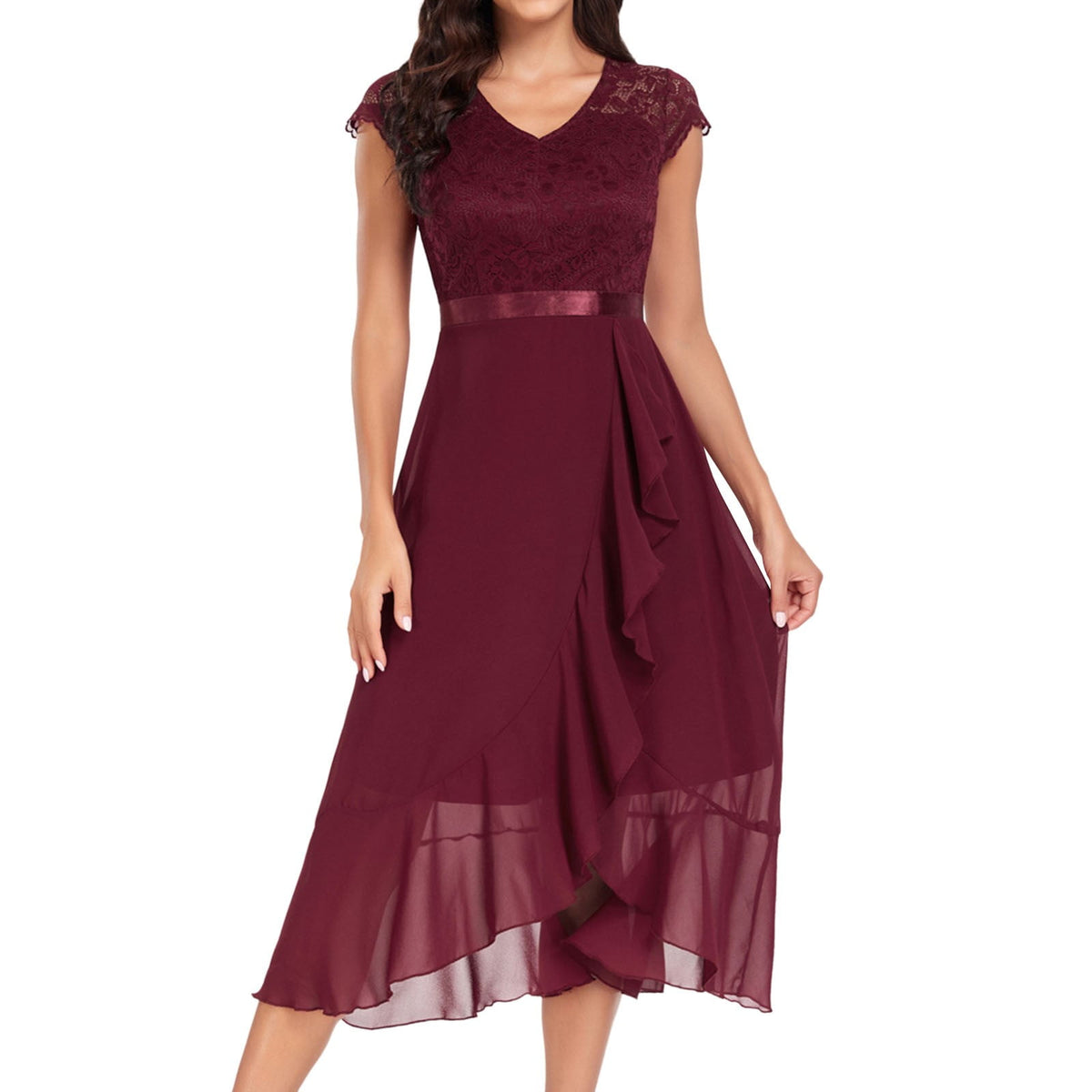 thumbnail image 3 of Gala Dresses for Women V Neck Floral Lace Short Sleeve Bridesmaid Maxi Dress Wedding Mid Length Formal Evening Dress L, 3 of 8
