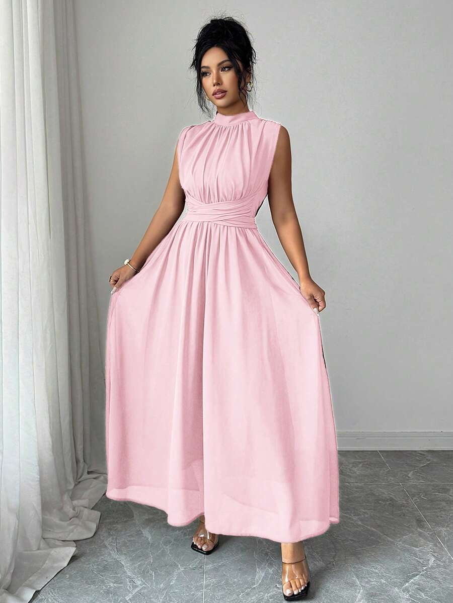 thumbnail image 6 of Baby Pink Womens Sleeveless High Neck Chiffon Maxi Dress With Waist Bow, 6 of 8