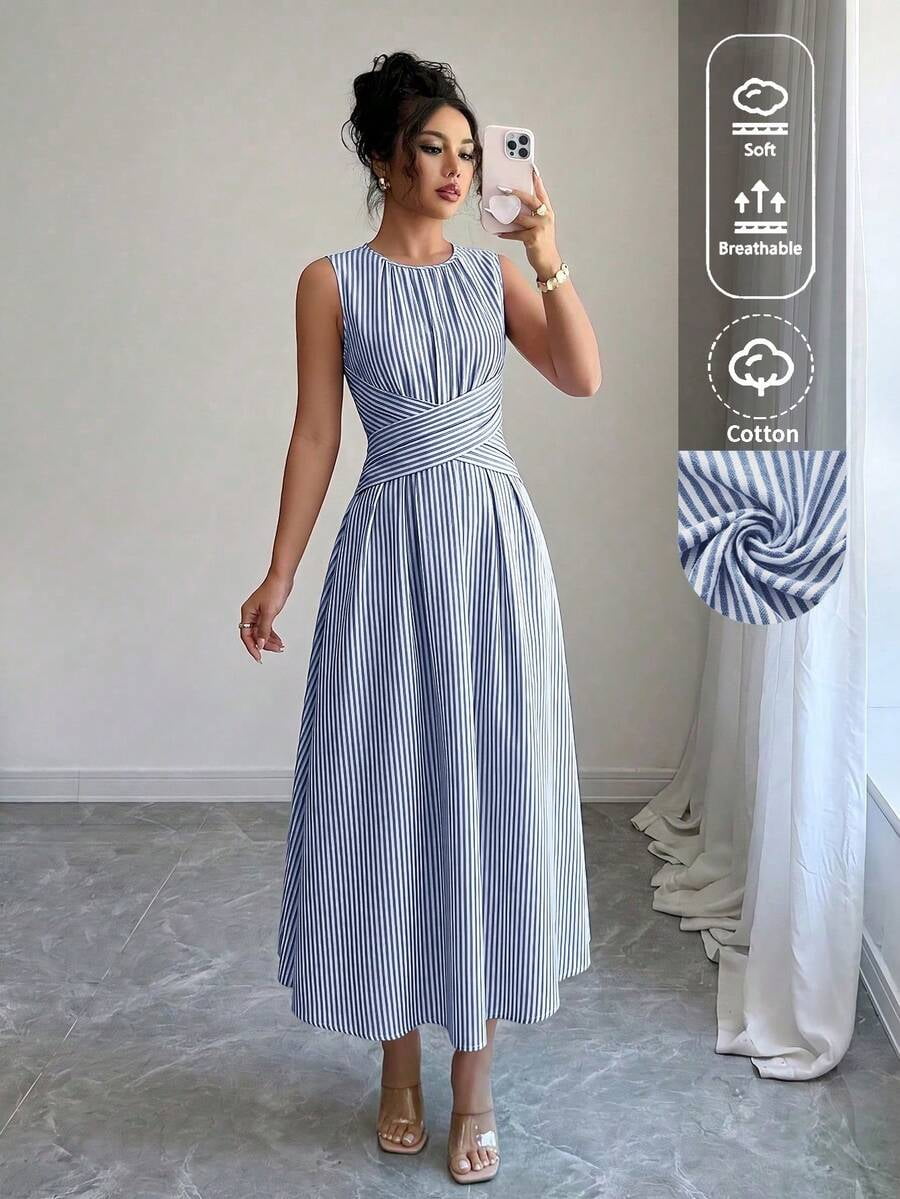 thumbnail image 3 of Womens Blue And White Striped Sleeveless Dress, Round Neck Cinched Waist, 3 of 3