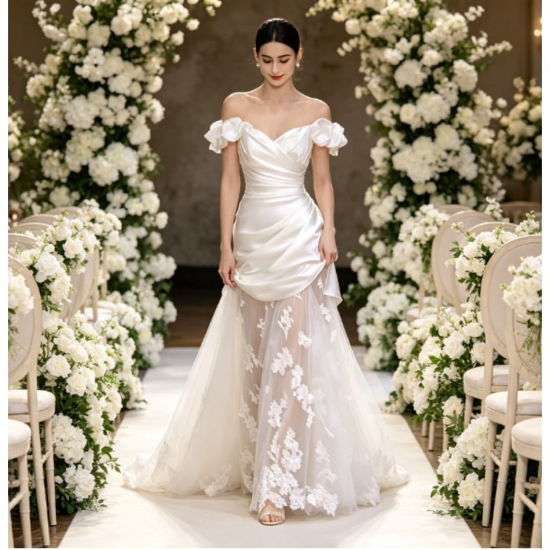 thumbnail image 1 of zanzanmeow Wedding Registry French forest style fairy satin splicing lace fishtail light wedding dress 2026 new bridal travel photo door veil elegant one-shoulder engagement welcome dress, 1 of 7